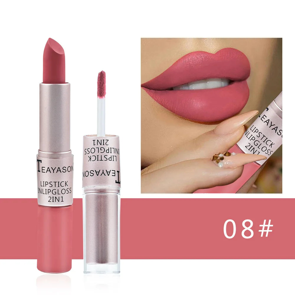 1PC Pink Matte Lipstick Waterproof Long-Lasting Moisture 2-in-1 Lip Tint Sexy Lip Gloss Lip Makeup for Women