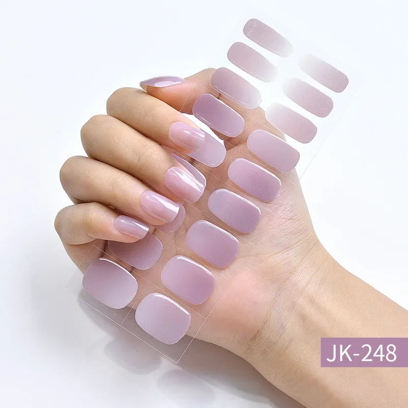 16/20Tips Semi-Cured Nail Wraps Simple Color Adhesive Full Cover Stickers for Nails UV Lamp Need Press On Nails DIY Manicure