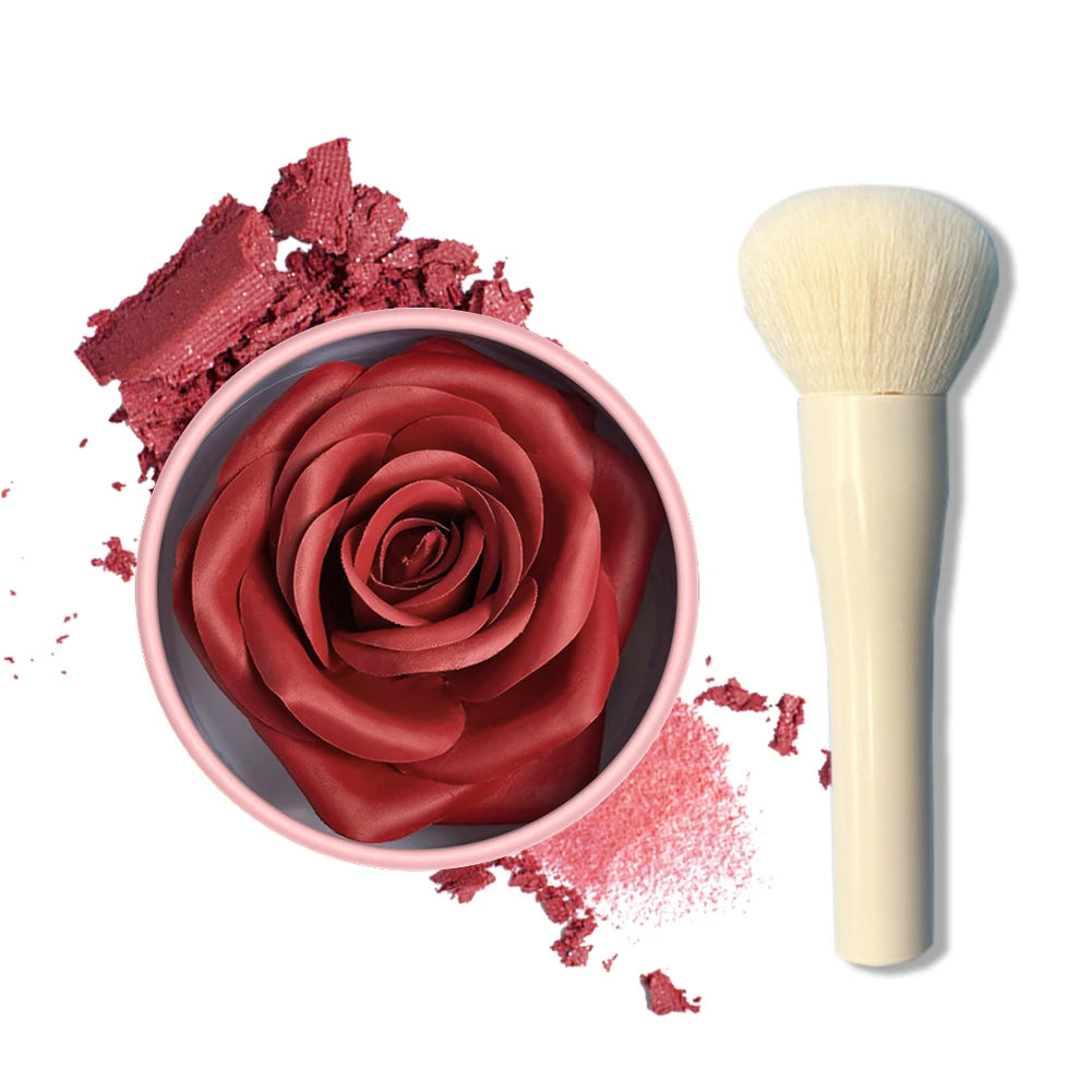 Ensemble de 2 blushs en forme de pétales avec pinceau, maquillage longue durée pour le visage avec fini mat et scintillant (shimmer), couvrance légère pour les joues, rehausseur (highlighter) de teint, cosmétiques.