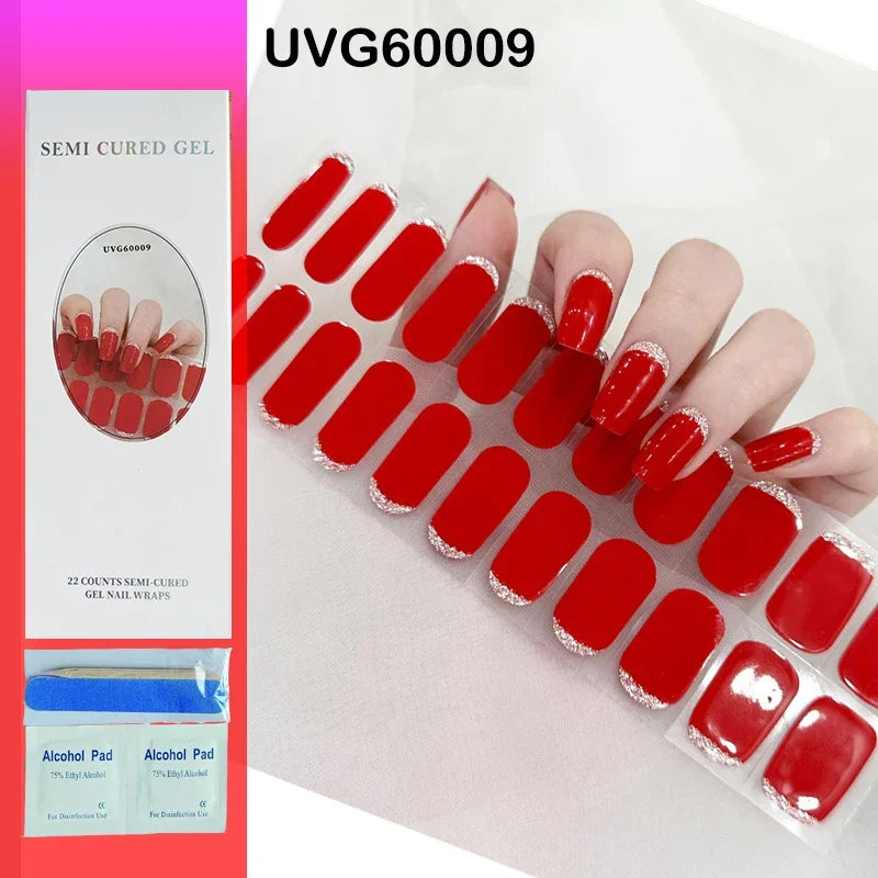 16/20Tips Semi-Cured Nail Wraps Simple Color Adhesive Full Cover Stickers for Nails UV Lamp Need Press On Nails DIY Manicure