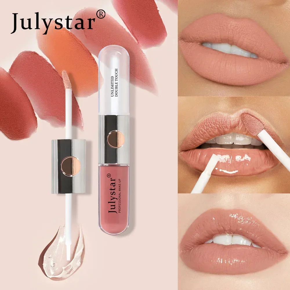 Julystar New Double Head Lip Gloss Lip Oil Set 9 Colors Matte Moisturize Waterproof 2 in 1 Liquid Lipstick Fashion Lip Glaze 6ml