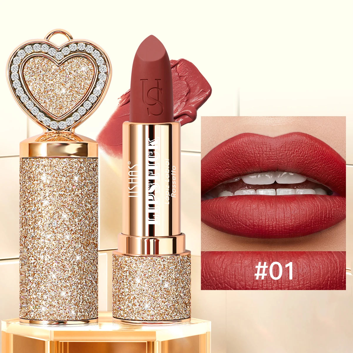 USHAS, Matte lipstick, long-lasting waterproof, moisturizing, non-stick cup, gold shape, with heart-shaped mirror