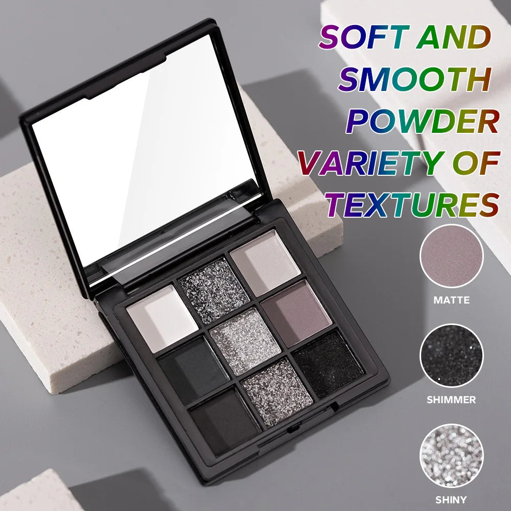 9 Colors Eye Shadow Palette Dark Black Grey Silvery Shimmer Matte Finish Smokey Style for Stage Party Performance Makeup