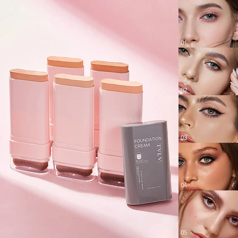 TVLV Concealing Foundation Stick: 5 Shades with Built-In Brush - Cream Finish, Lightweight and Waterproof Formula,