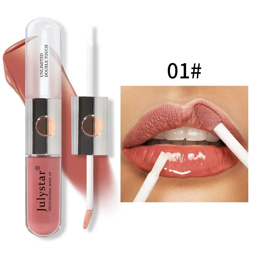 Julystar New Double Head Lip Gloss Lip Oil Set 9 Colors Matte Moisturize Waterproof 2 in 1 Liquid Lipstick Fashion Lip Glaze 6ml