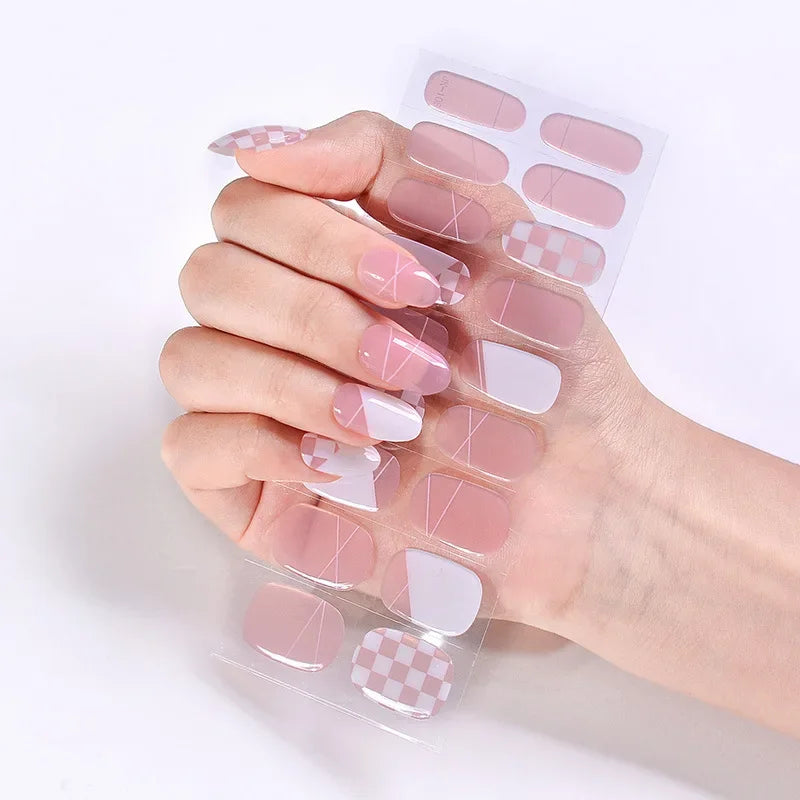 16/20Tips Semi-Cured Nail Wraps Simple Color Adhesive Full Cover Stickers for Nails UV Lamp Need Press On Nails DIY Manicure