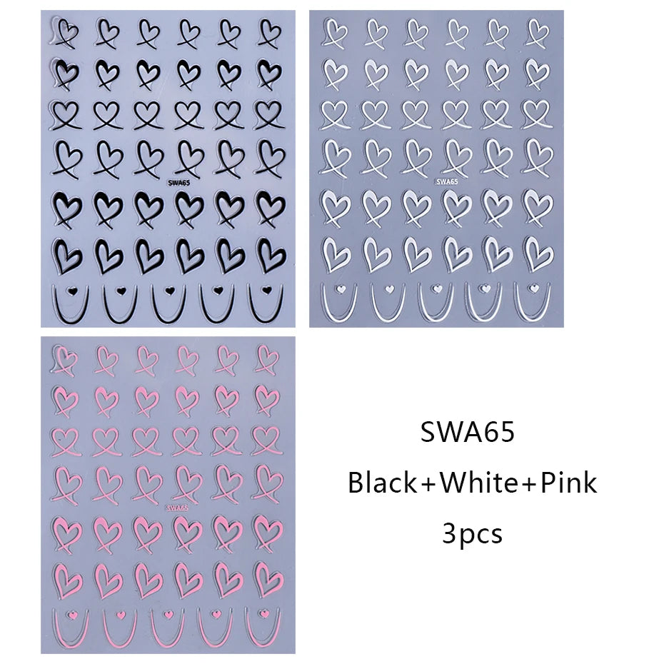 3pcs Valentine's Day Nail Art Stickers 3D Black White Pink Lines Love Heart Nail Decals DIY Adhesive Slider Manicure Decorations