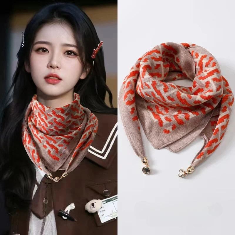 Luxury Magnetic Buckle Print Silk Scarf for Women Autumn and Winter New Fashion Soft Satin Neckerchief High-end Neck Scarf ﻿