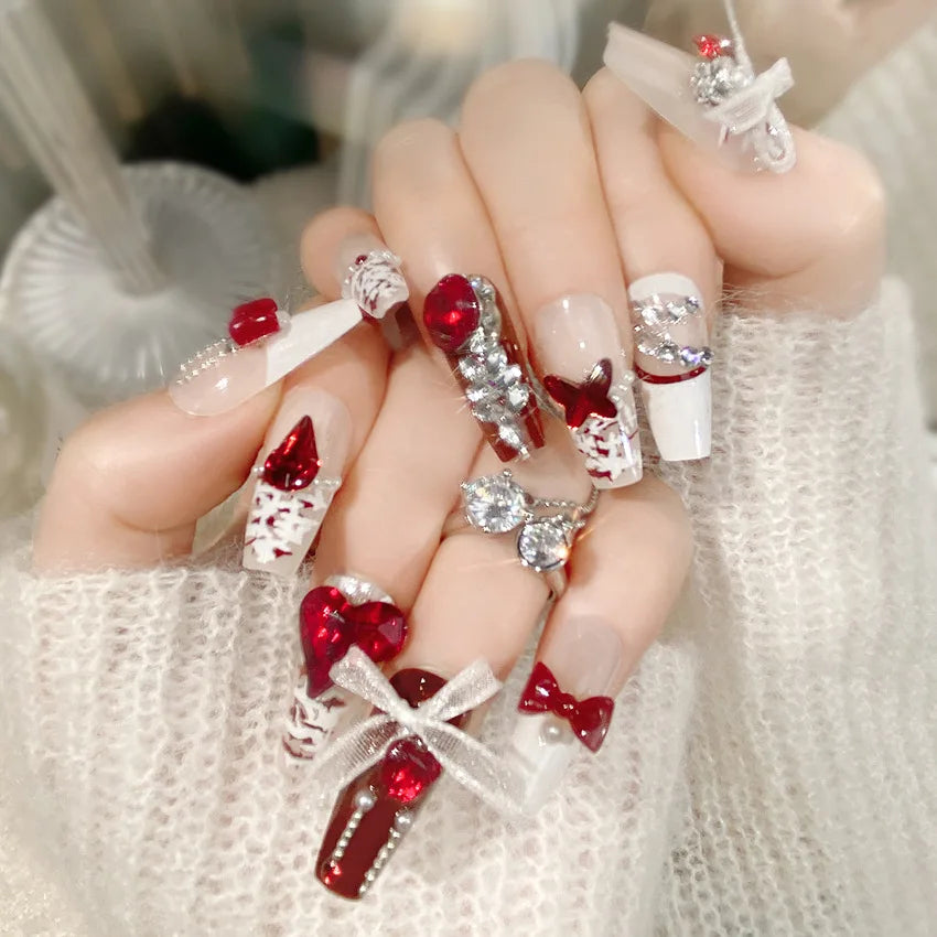 24Pcs Lace Bow Press-on Nails Valentine's Day Diamond Pearl Red Heart False Nails New Almond Wear Nail for Women and Girls