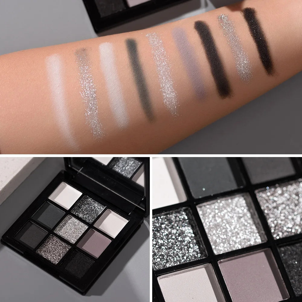 9 Colors Eye Shadow Palette Dark Black Grey Silvery Shimmer Matte Finish Smokey Style for Stage Party Performance Makeup