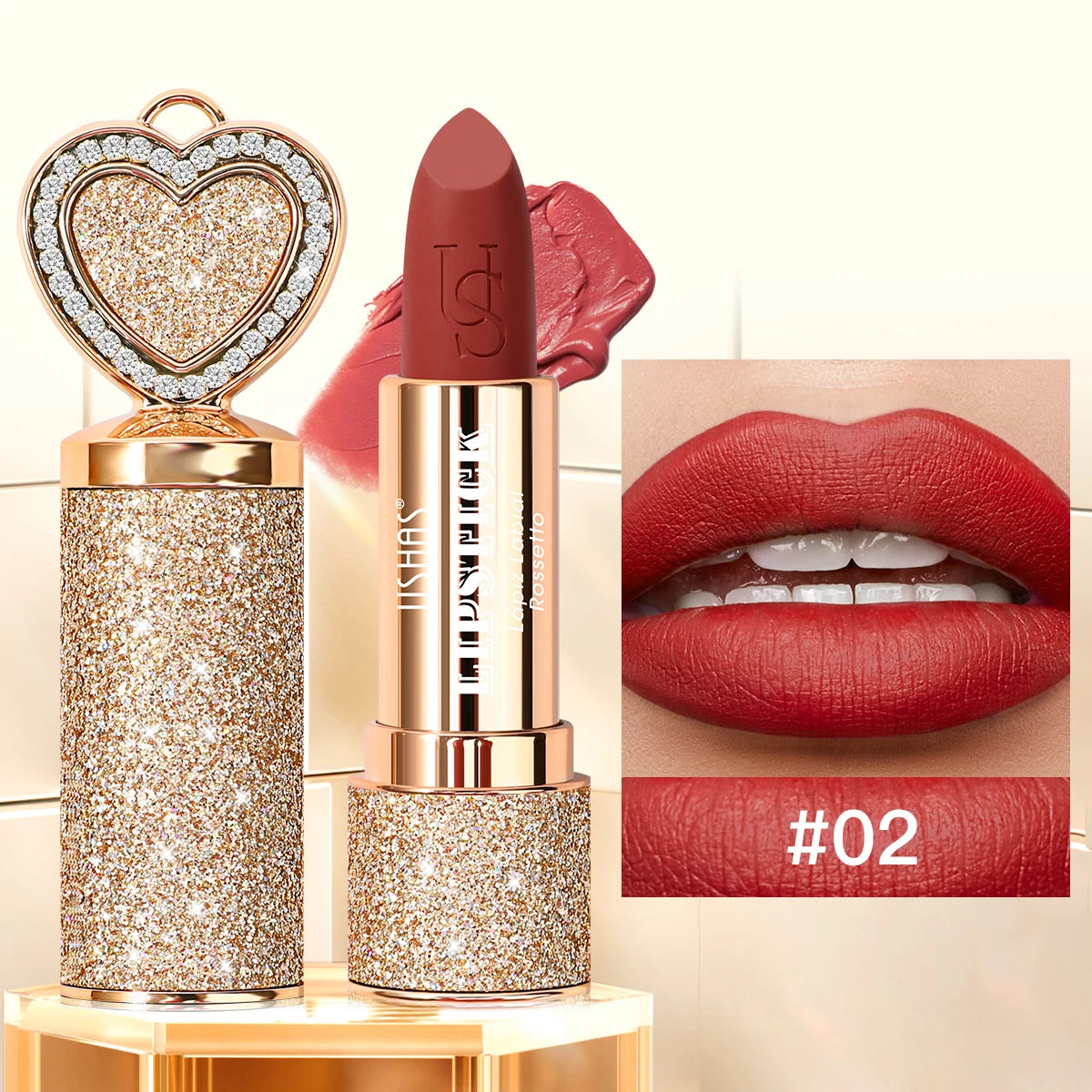 USHAS, Matte lipstick, long-lasting waterproof, moisturizing, non-stick cup, gold shape, with heart-shaped mirror