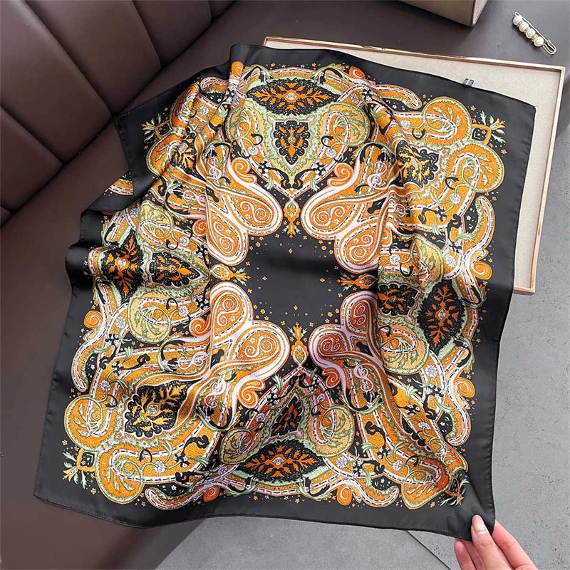 70cm Square Lemon Print Yellow Square Silk Scarf Casual Elegant Thin Breathable Neck Women Windproof Head Wrap Hair Scarves