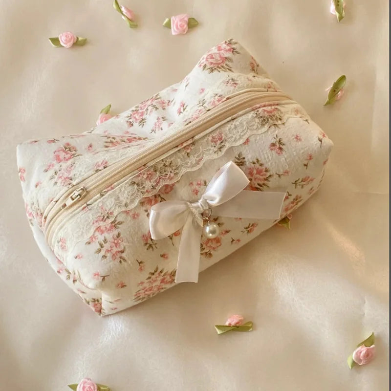 Women Lace Bow Cosmetic Bag Large Capacity Makeup Organizer Travel Toiletry Bag Storage Bag Zipper Ruffles Pencil Case