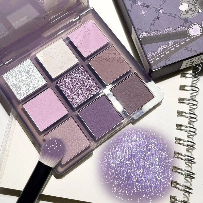 Aurora Purple 9 Colors Eyeshadow Palette Smokey Purple Lace Shimmer Matte Silver Water Highlight Cool Tone Eye Shadow Korean
