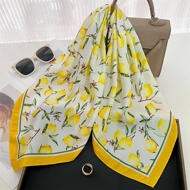 70cm Square Lemon Print Yellow Square Silk Scarf Casual Elegant Thin Breathable Neck Women Windproof Head Wrap Hair Scarves