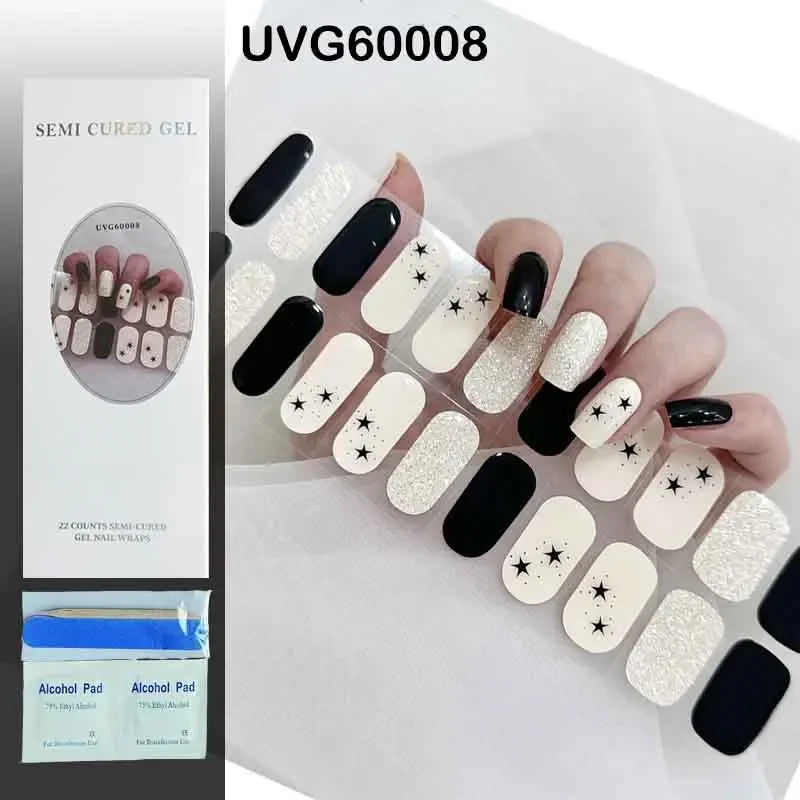 16/20Tips Semi-Cured Nail Wraps Simple Color Adhesive Full Cover Stickers for Nails UV Lamp Need Press On Nails DIY Manicure