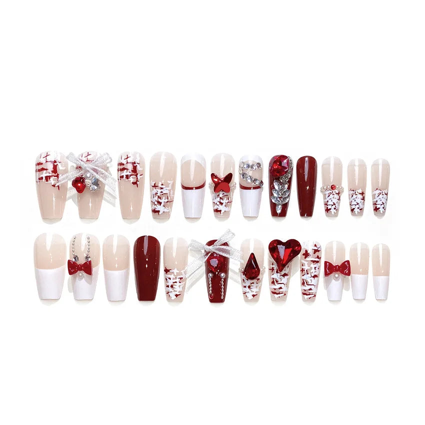 24Pcs Lace Bow Press-on Nails Valentine's Day Diamond Pearl Red Heart False Nails New Almond Wear Nail for Women and Girls