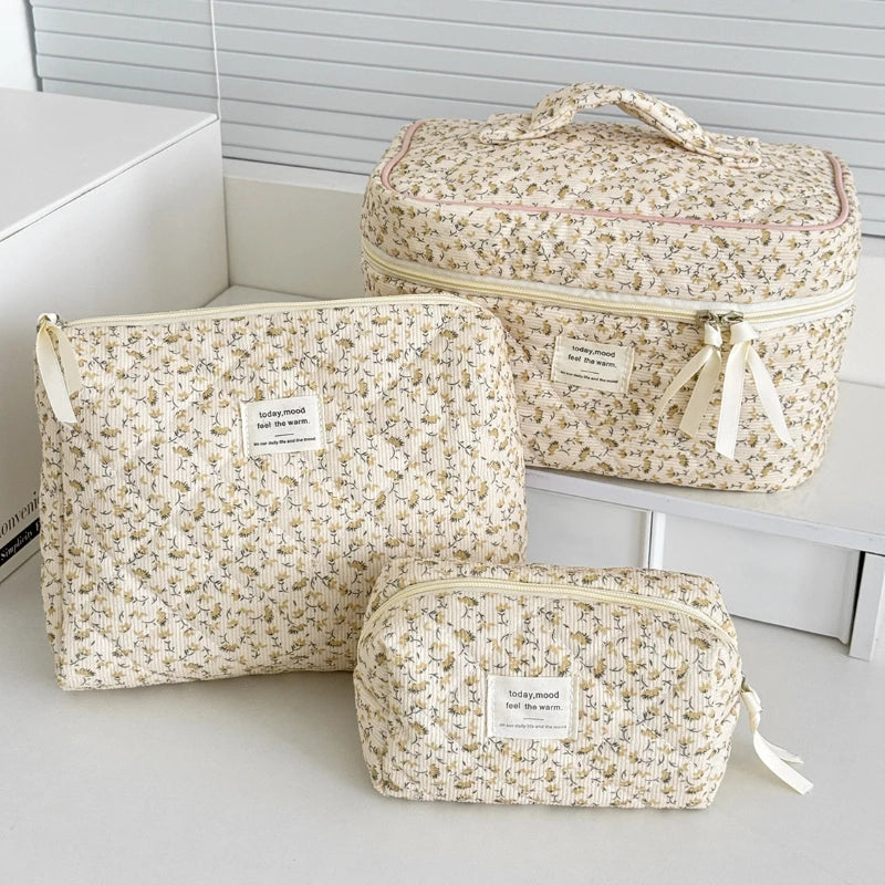 Vintage Corduroy Women's Floral Cosmetic Bag Retro Ladies Travel Storage Bags Handbags Portable Female Makeup Case Clutch Purse