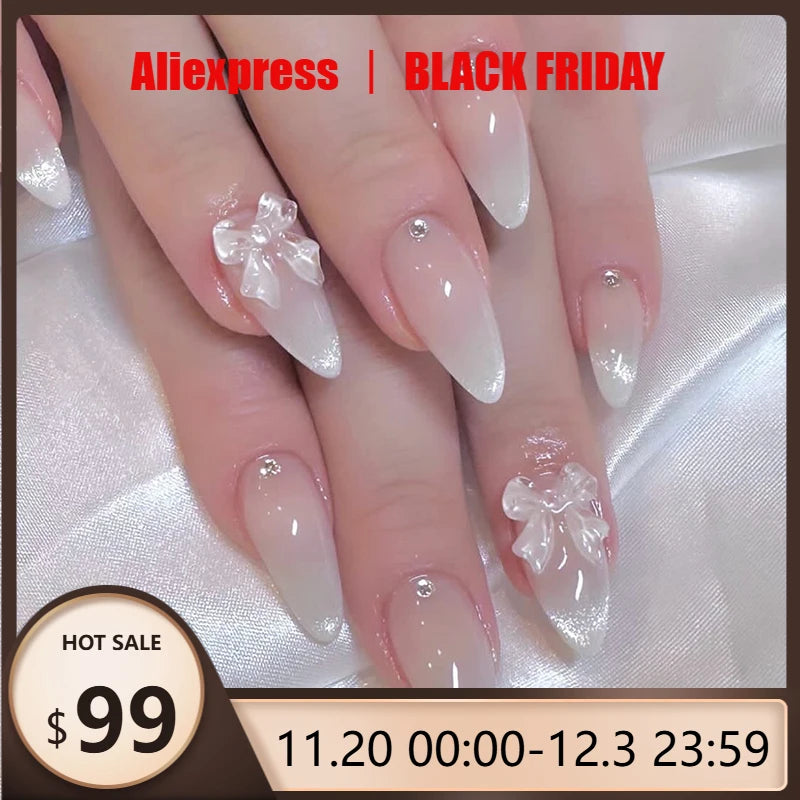 24pcs Sweet Cat Eye French Press on Nails Diamond-Pointed Three Dimensional Bow Knot Wearable Nail For Women&Girl Almond Nail
