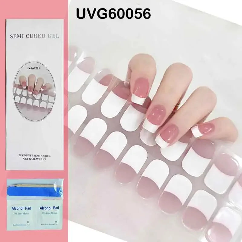 16/20Tips Semi-Cured Nail Wraps Simple Color Adhesive Full Cover Stickers for Nails UV Lamp Need Press On Nails DIY Manicure