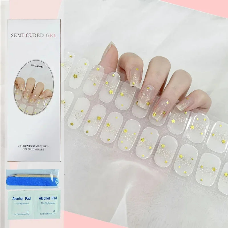 16/20Tips Semi-Cured Nail Wraps Simple Color Adhesive Full Cover Stickers for Nails UV Lamp Need Press On Nails DIY Manicure