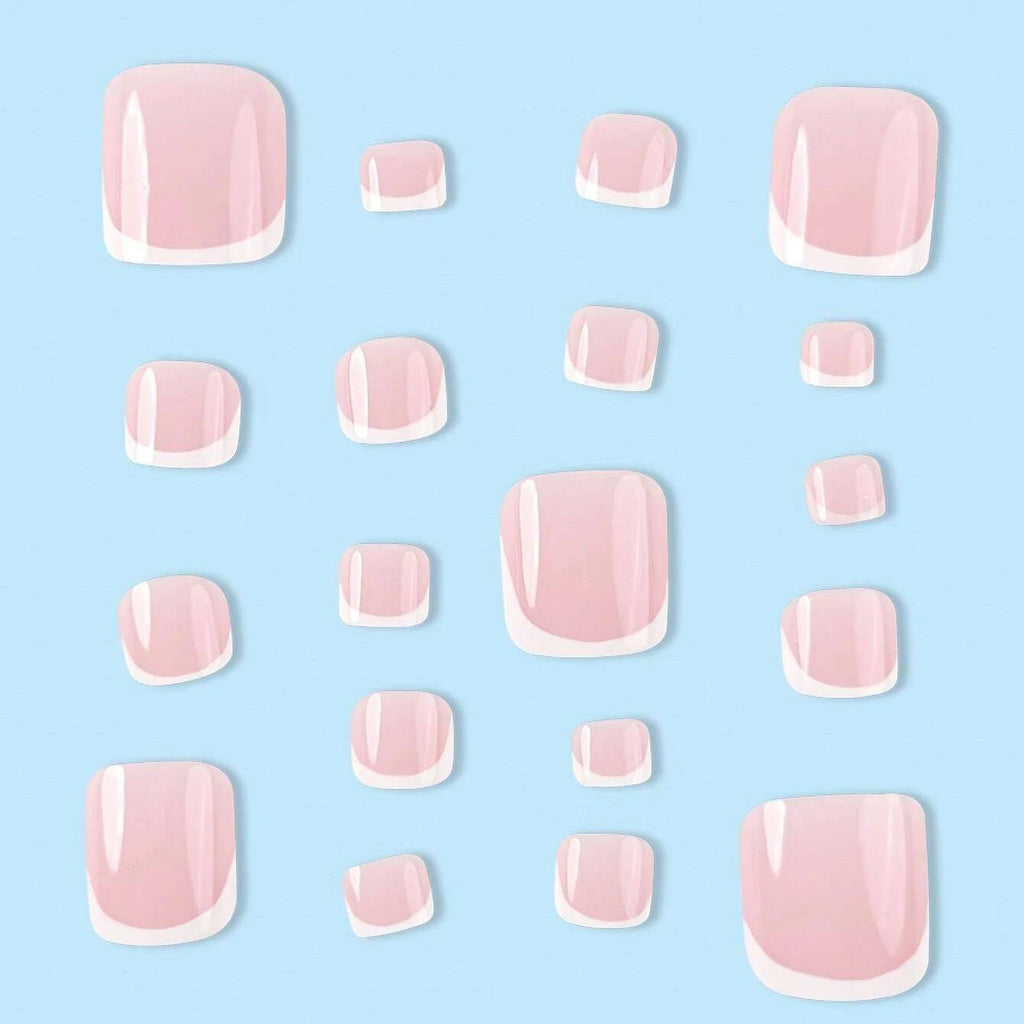 24pcs French Fake Toenails Pink Gradient Full Cover Short Square Toe Nails Foot Nails Tips for Women Girls