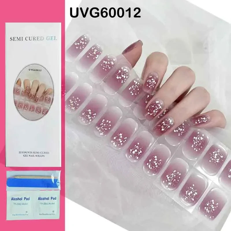 16/20Tips Semi-Cured Nail Wraps Simple Color Adhesive Full Cover Stickers for Nails UV Lamp Need Press On Nails DIY Manicure