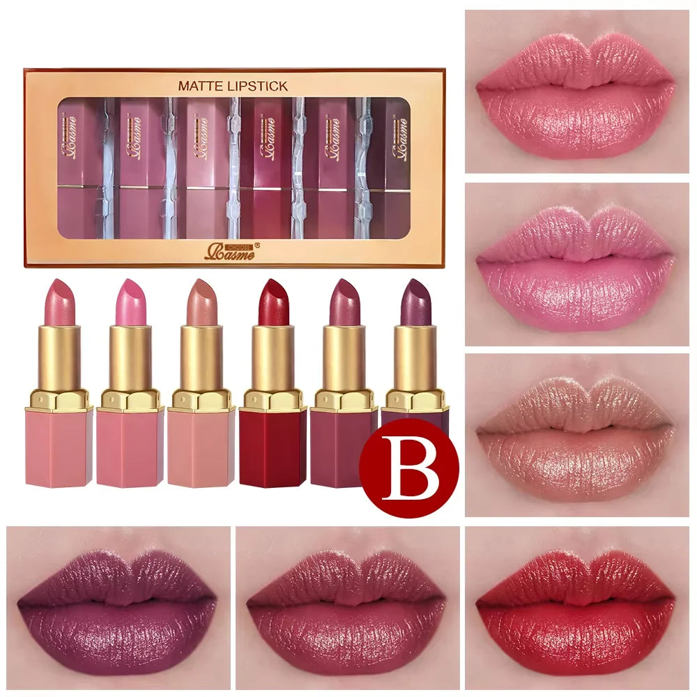 6 Colors Gold Bar Tube Lipstick Matte Texture Pearlescent Glitter Velvet Lipstick Valentine's Day Gift 6PCS