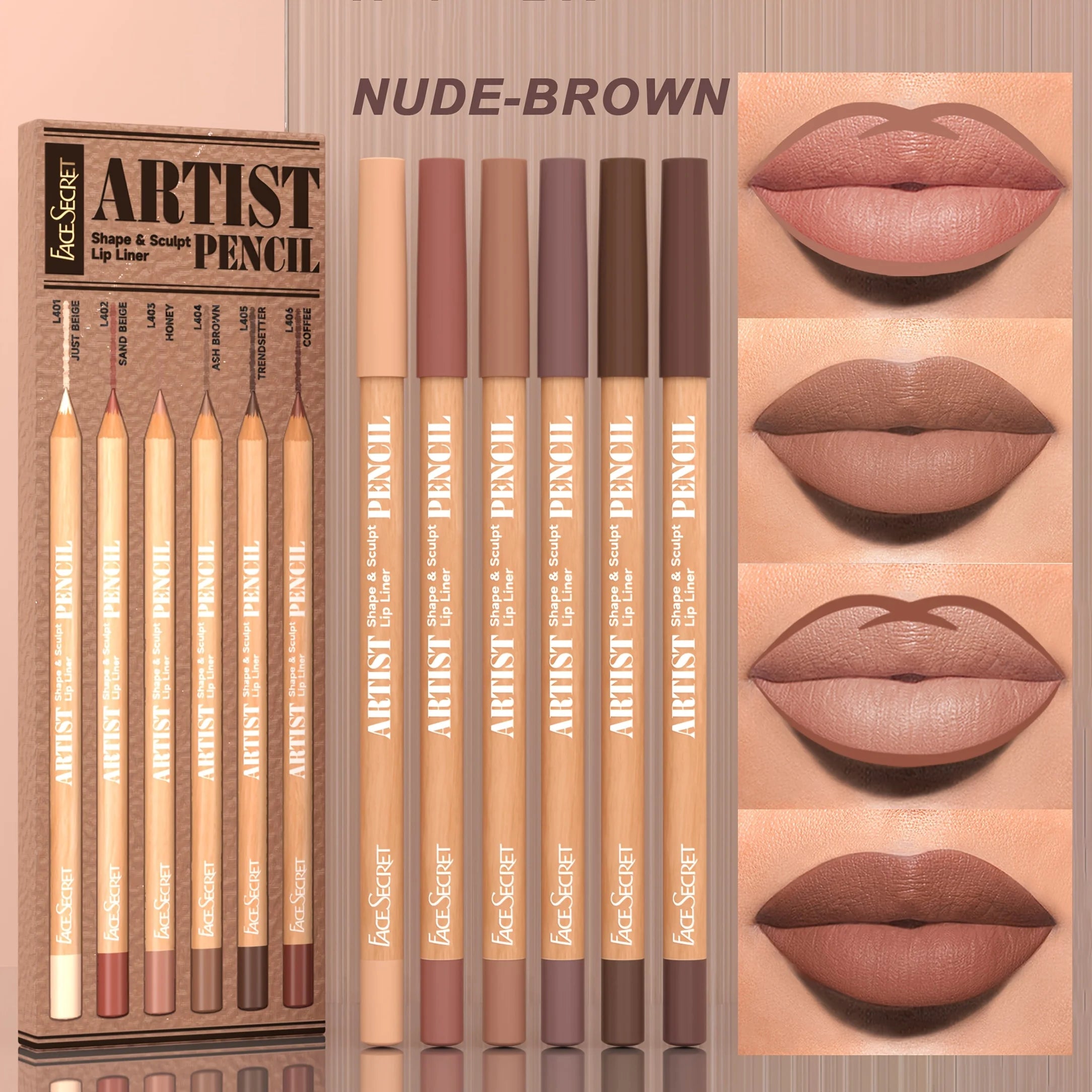 Ensemble de 6 crayons contour des lèvres nude, set de maquillage imperméable mat, texture veloutée longue tenue, combo de crayons à lèvres, adapté au maquillage quotidien.