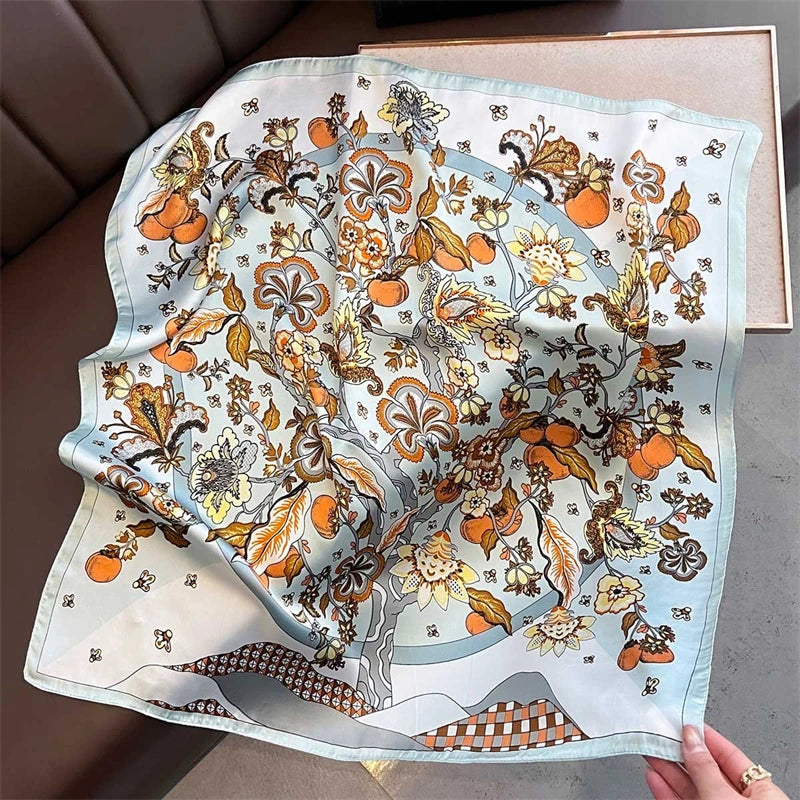 70cm Square Lemon Print Yellow Square Silk Scarf Casual Elegant Thin Breathable Neck Women Windproof Head Wrap Hair Scarves