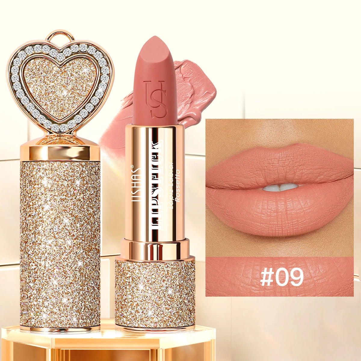 USHAS, Matte lipstick, long-lasting waterproof, moisturizing, non-stick cup, gold shape, with heart-shaped mirror