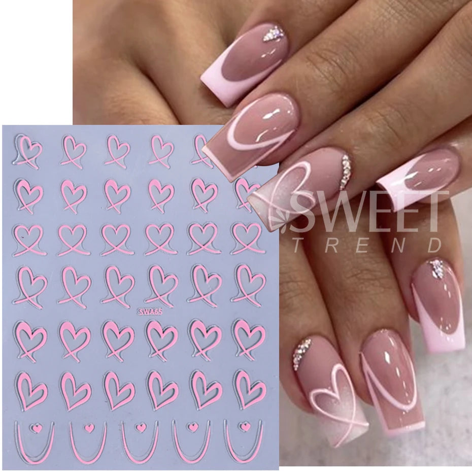3pcs Valentine's Day Nail Art Stickers 3D Black White Pink Lines Love Heart Nail Decals DIY Adhesive Slider Manicure Decorations
