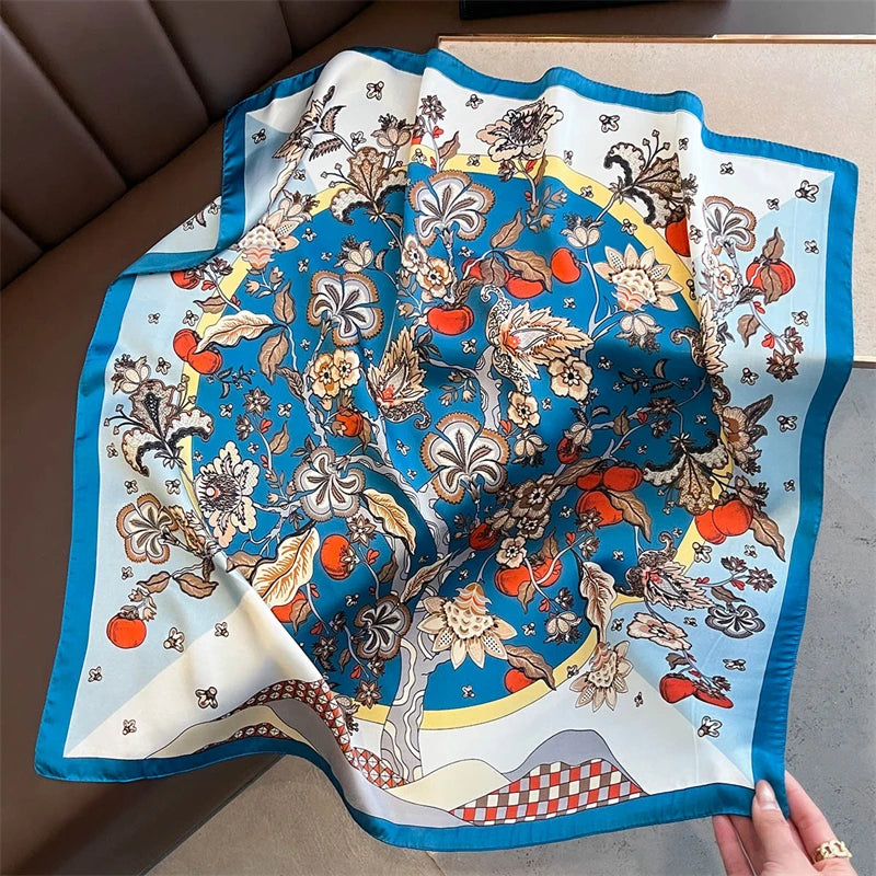 70cm Square Lemon Print Yellow Square Silk Scarf Casual Elegant Thin Breathable Neck Women Windproof Head Wrap Hair Scarves