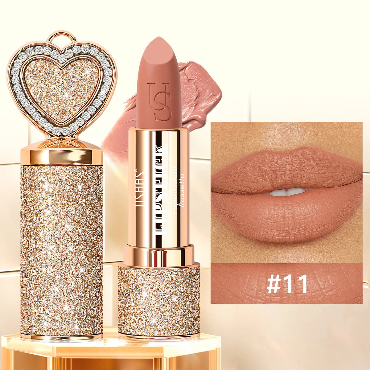 USHAS, Matte lipstick, long-lasting waterproof, moisturizing, non-stick cup, gold shape, with heart-shaped mirror