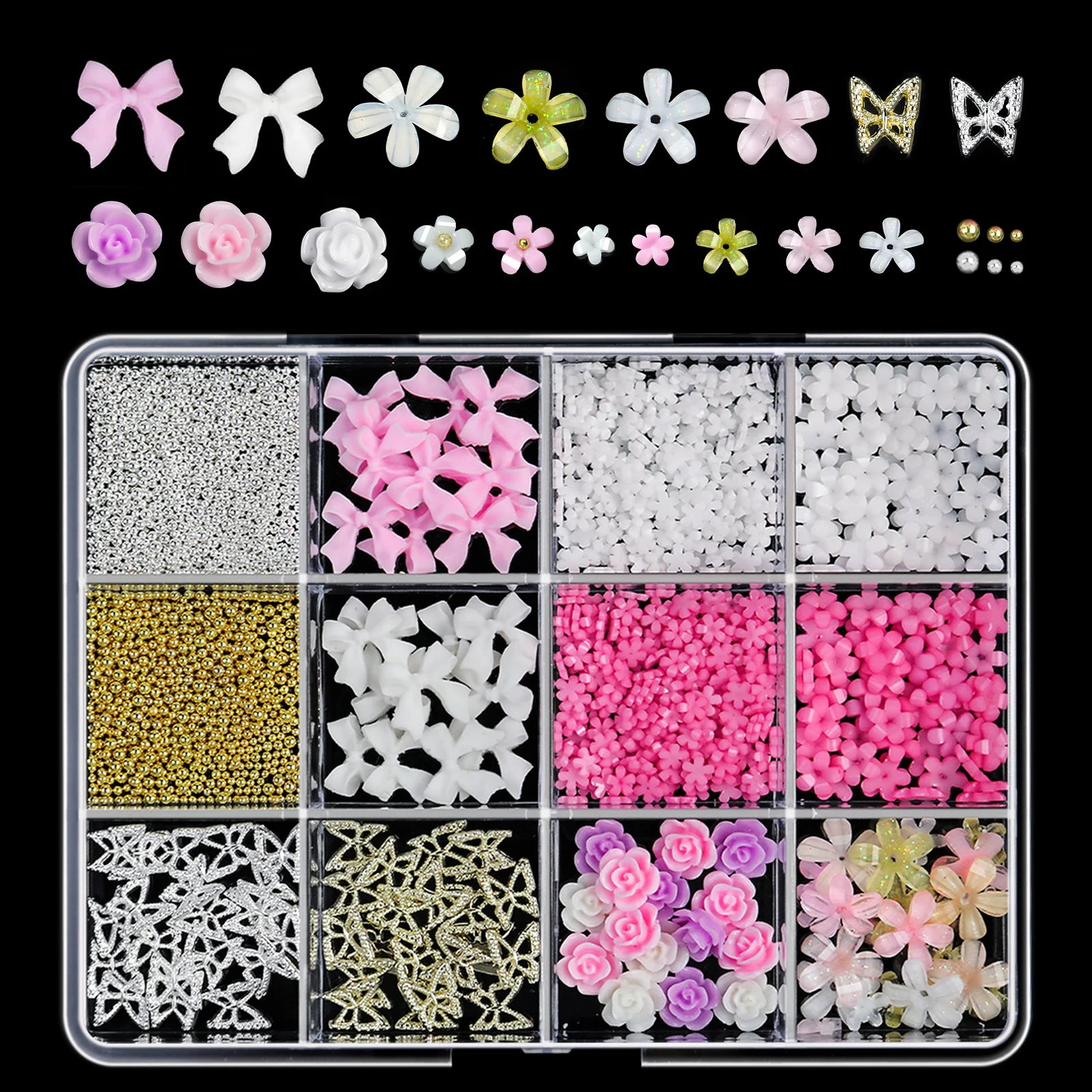12Grids/box Mixed Resin Bowknot Nail Art Decorations 3D Acrylic Charms Kawaii Colorful Bow Rhinestone DIY Manicure Tools Parts