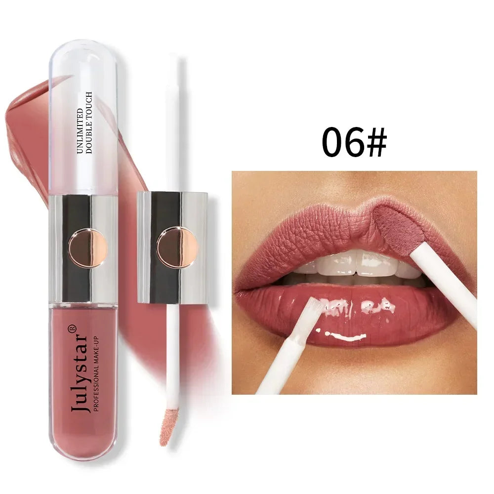Julystar New Double Head Lip Gloss Lip Oil Set 9 Colors Matte Moisturize Waterproof 2 in 1 Liquid Lipstick Fashion Lip Glaze 6ml