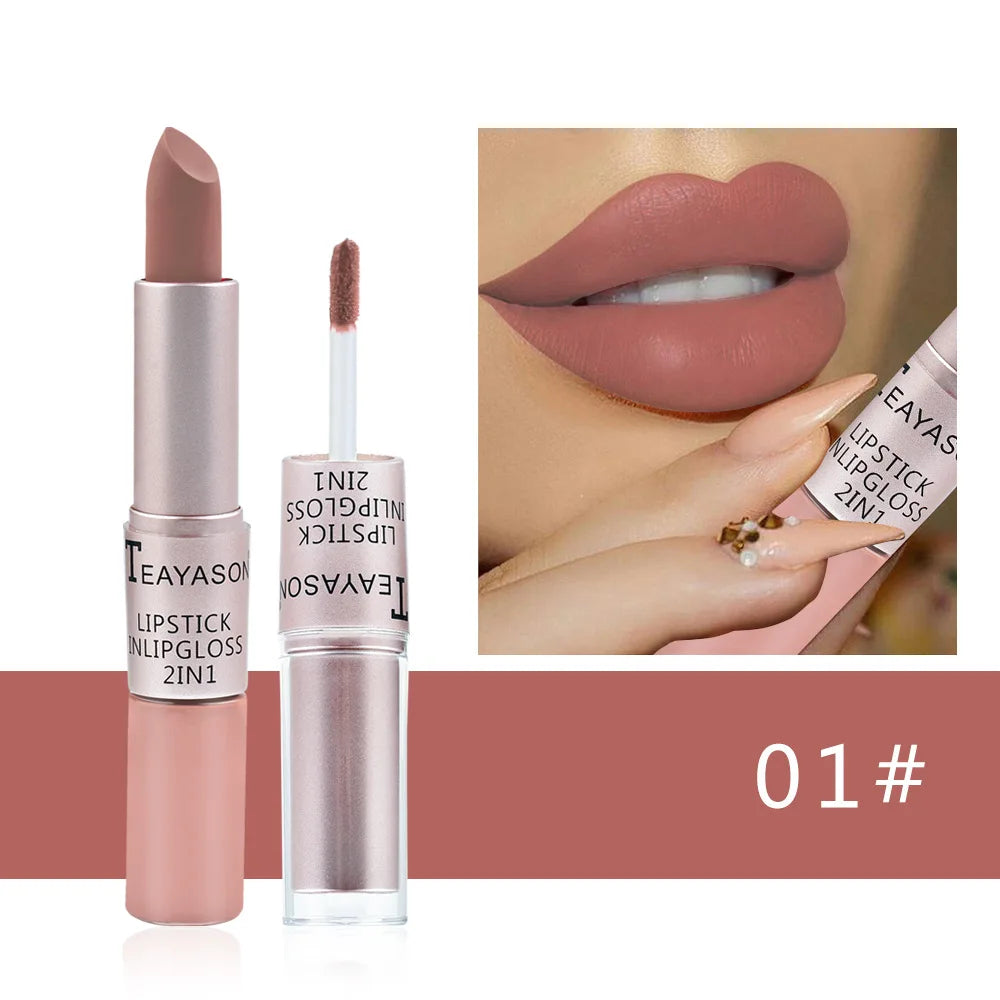 1PC Pink Matte Lipstick Waterproof Long-Lasting Moisture 2-in-1 Lip Tint Sexy Lip Gloss Lip Makeup for Women