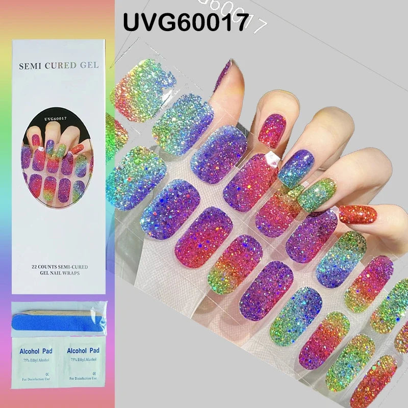 16/20Tips Semi-Cured Nail Wraps Simple Color Adhesive Full Cover Stickers for Nails UV Lamp Need Press On Nails DIY Manicure