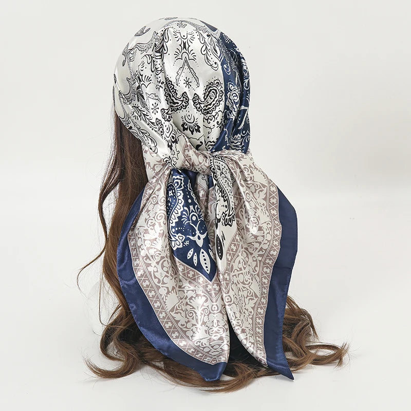 Foulard carré en satin pour femme, Hijab musulman élégant à imprimé 2025, tour de cou en soie, châle, enveloppement, bandeau, accessoires pour cheveux, bandana.