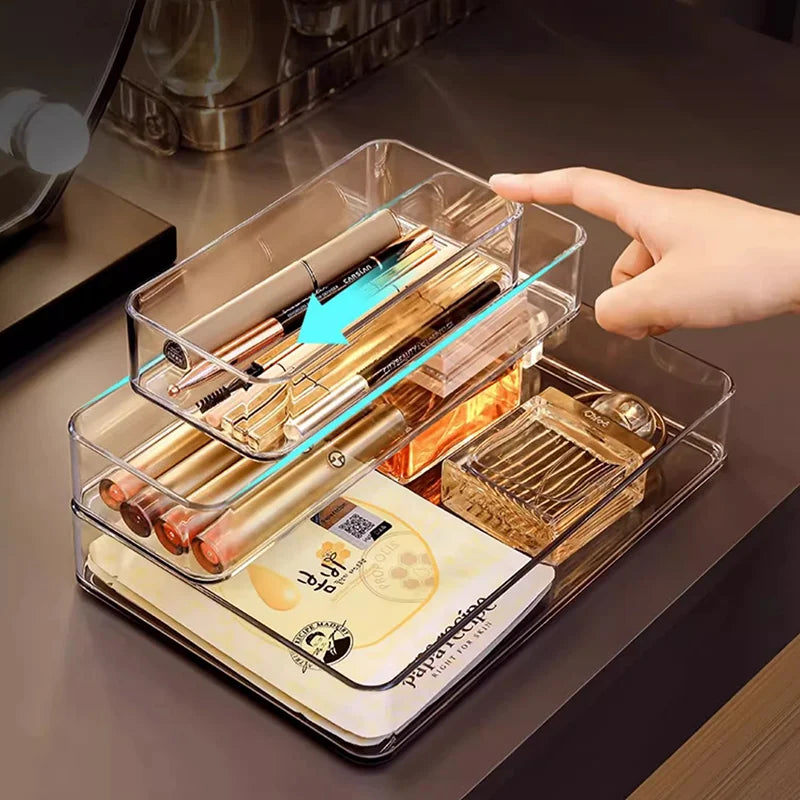 Clear Plastic Storage Box Vanity Drawer Makeup Jewelries Organizer Stackable Kitchen Bathroom Desktop Accessories Storage Tray