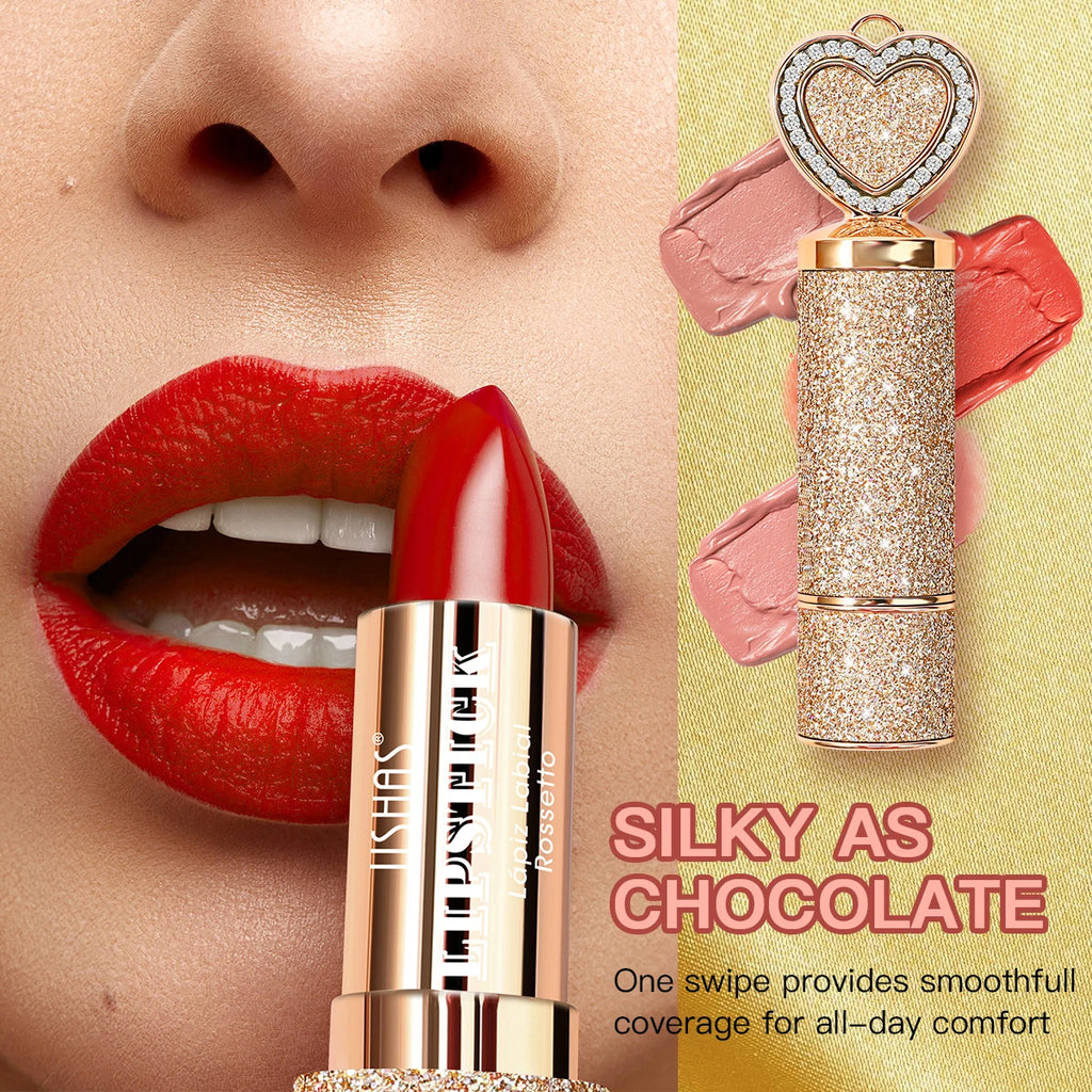 USHAS, Matte lipstick, long-lasting waterproof, moisturizing, non-stick cup, gold shape, with heart-shaped mirror