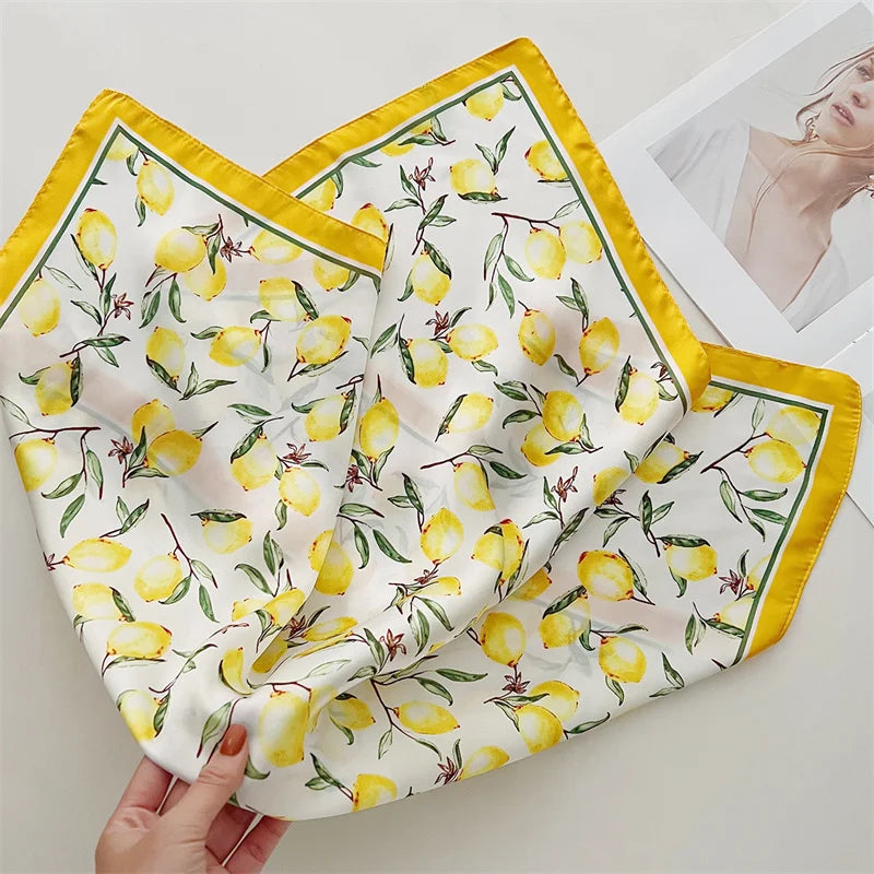 70cm Square Lemon Print Yellow Square Silk Scarf Casual Elegant Thin Breathable Neck Women Windproof Head Wrap Hair Scarves