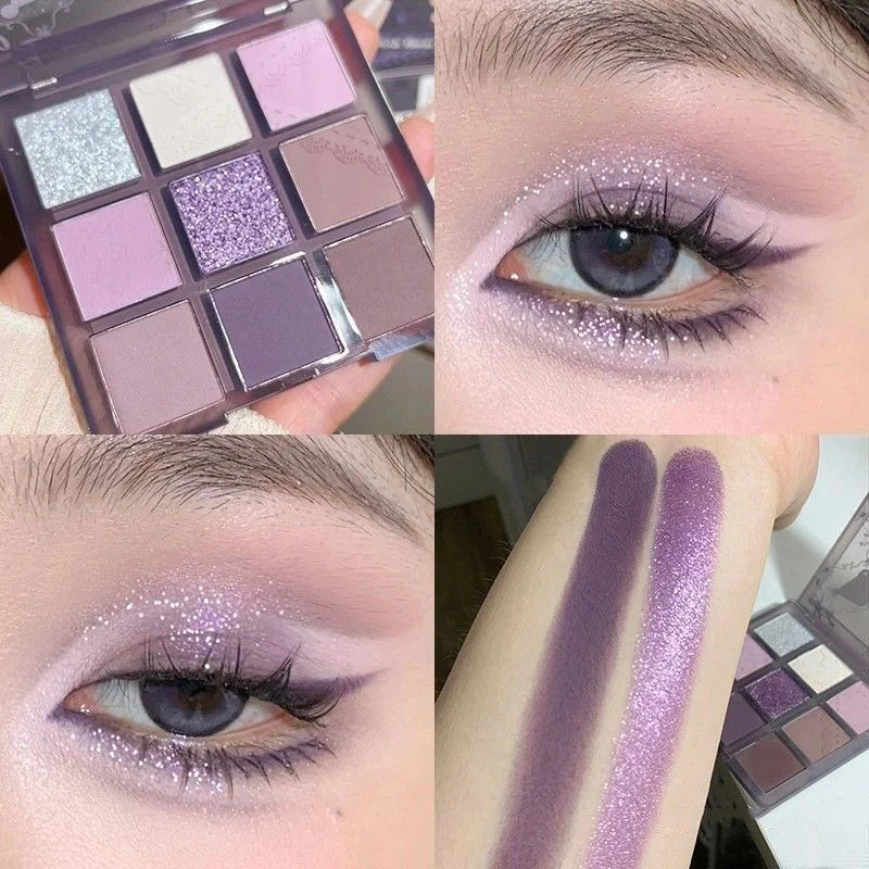 Aurora Purple 9 Colors Eyeshadow Palette Smokey Purple Lace Shimmer Matte Silver Water Highlight Cool Tone Eye Shadow Korean