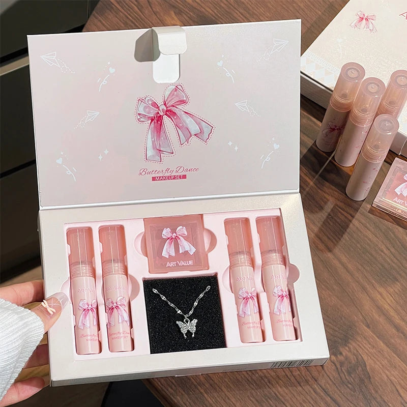 6Pcs/Box Matte Lipstick Set Lips Makeup Velvet Nude Lip Gloss Moisturizing Lip Glaze Face Blush Palette Makeup Set Necklace Gift