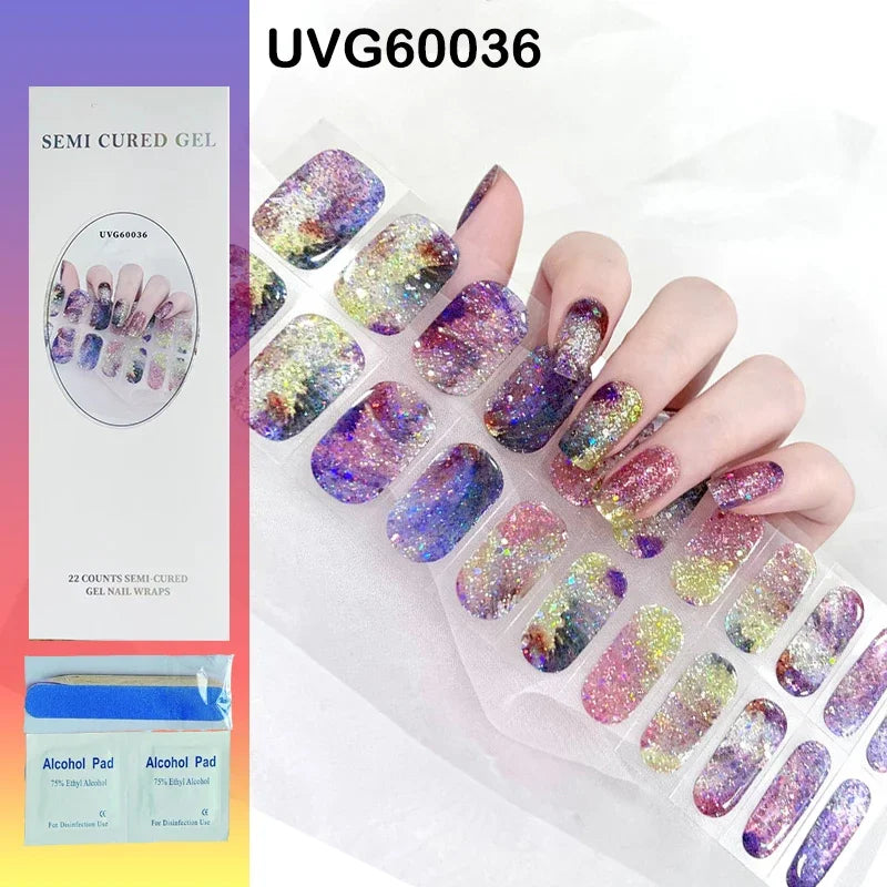 16/20Tips Semi-Cured Nail Wraps Simple Color Adhesive Full Cover Stickers for Nails UV Lamp Need Press On Nails DIY Manicure