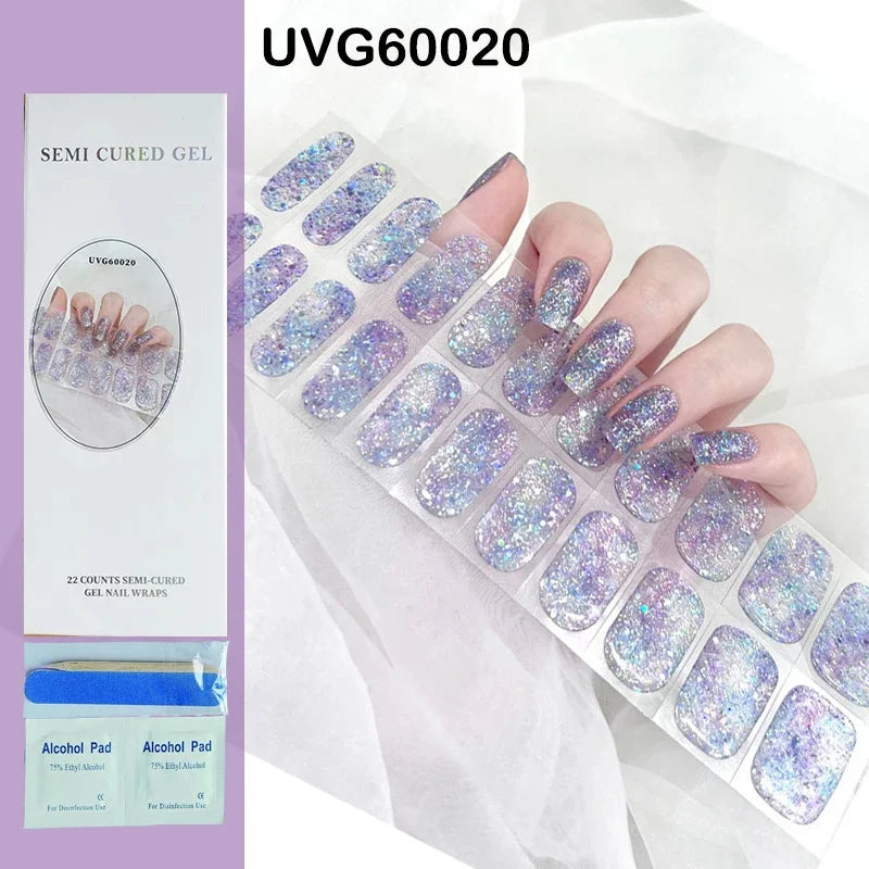 16/20Tips Semi-Cured Nail Wraps Simple Color Adhesive Full Cover Stickers for Nails UV Lamp Need Press On Nails DIY Manicure
