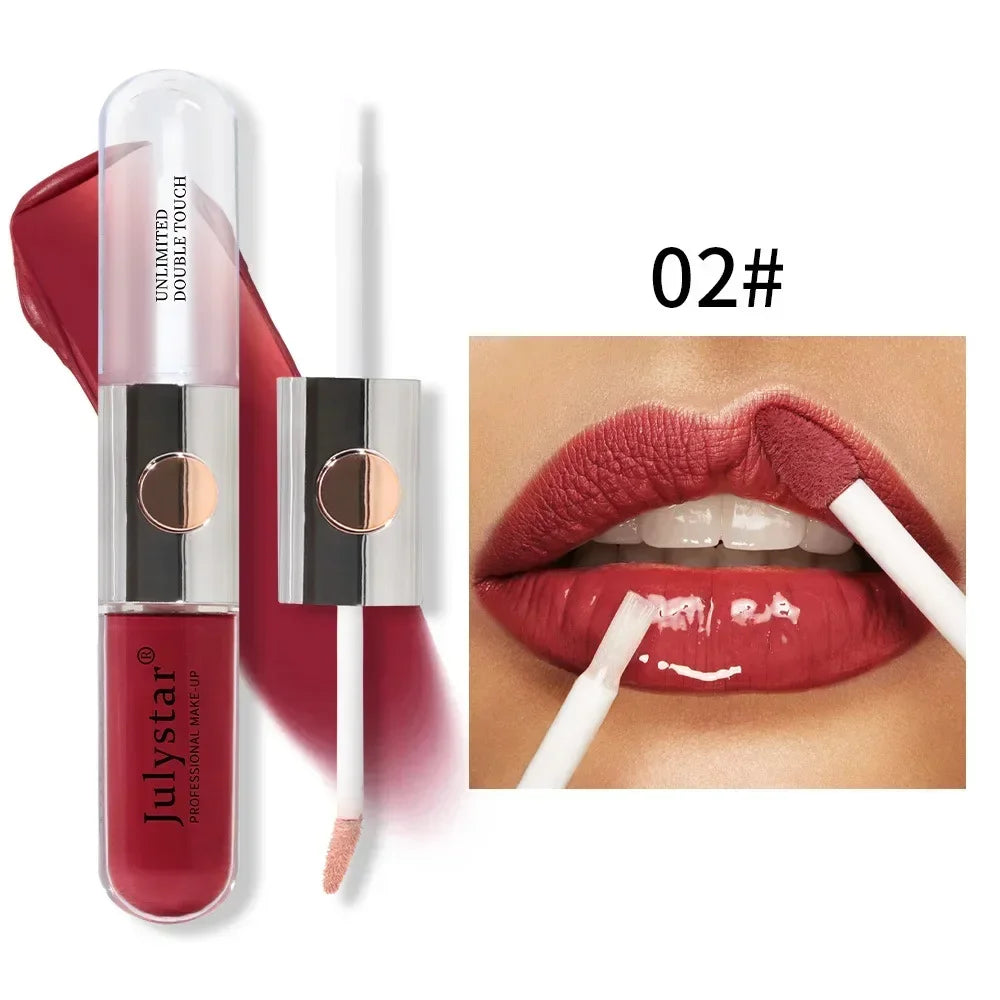 Julystar New Double Head Lip Gloss Lip Oil Set 9 Colors Matte Moisturize Waterproof 2 in 1 Liquid Lipstick Fashion Lip Glaze 6ml