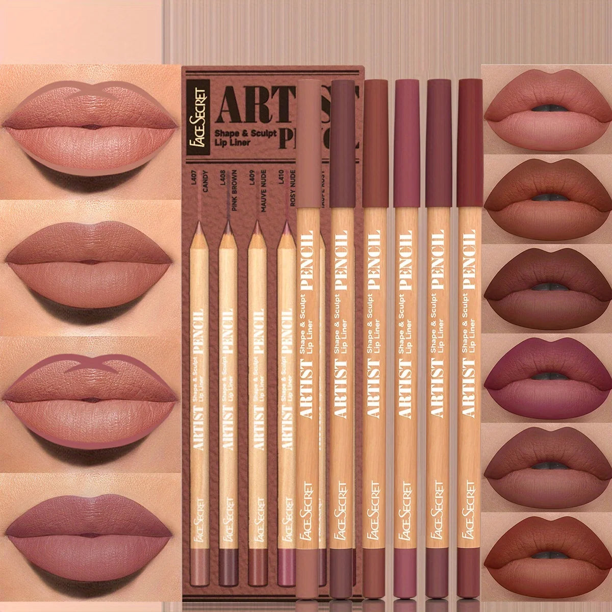 6pcs/SET Nude Lip Liner Makeup Set Waterproof Matte Long Lasting Velvety Texture Lip Liner Lip Combpo, Suitable for Daily Makeup