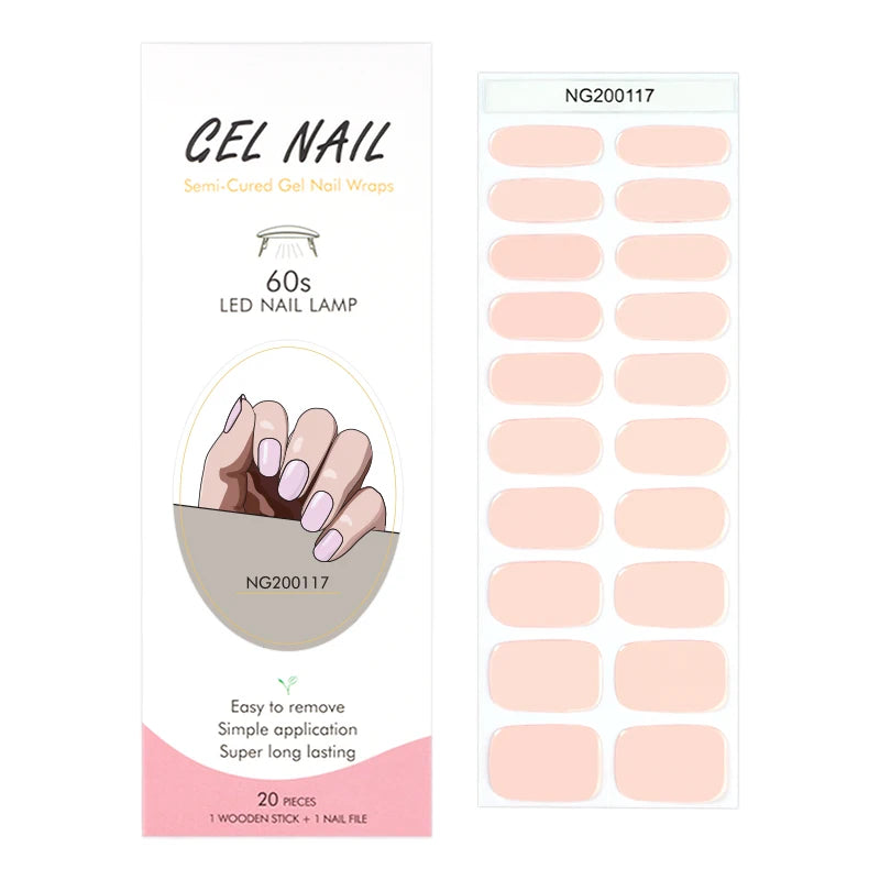 16/20Tips Semi-Cured Nail Wraps Simple Color Adhesive Full Cover Stickers for Nails UV Lamp Need Press On Nails DIY Manicure