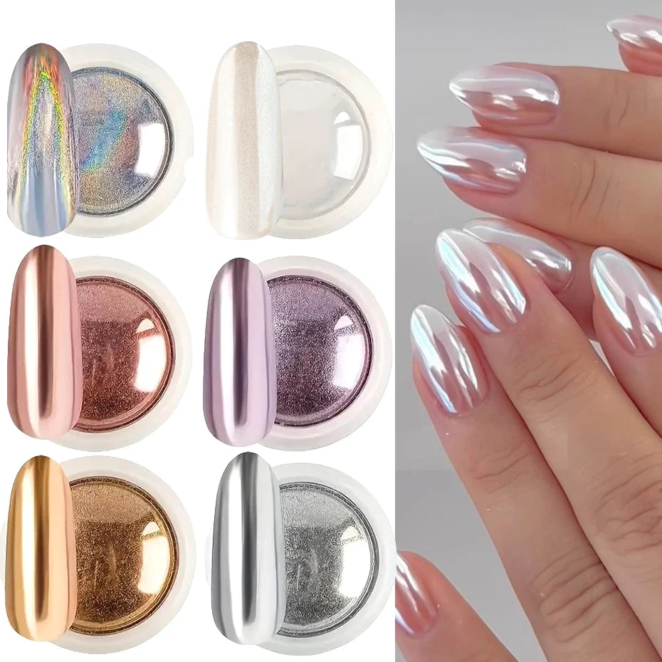 6pcs Chrome Mirror White Nail Powder Pigment Gold Silver Rubbing Holographic Aurora Iridescent Metallic Nail ArtPower Decoration